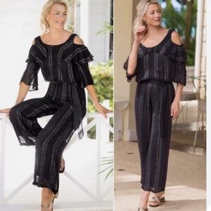 Soft Surroundings Avedon Cold Shoulder Jumpsuit Wide Leg Metallic Medium